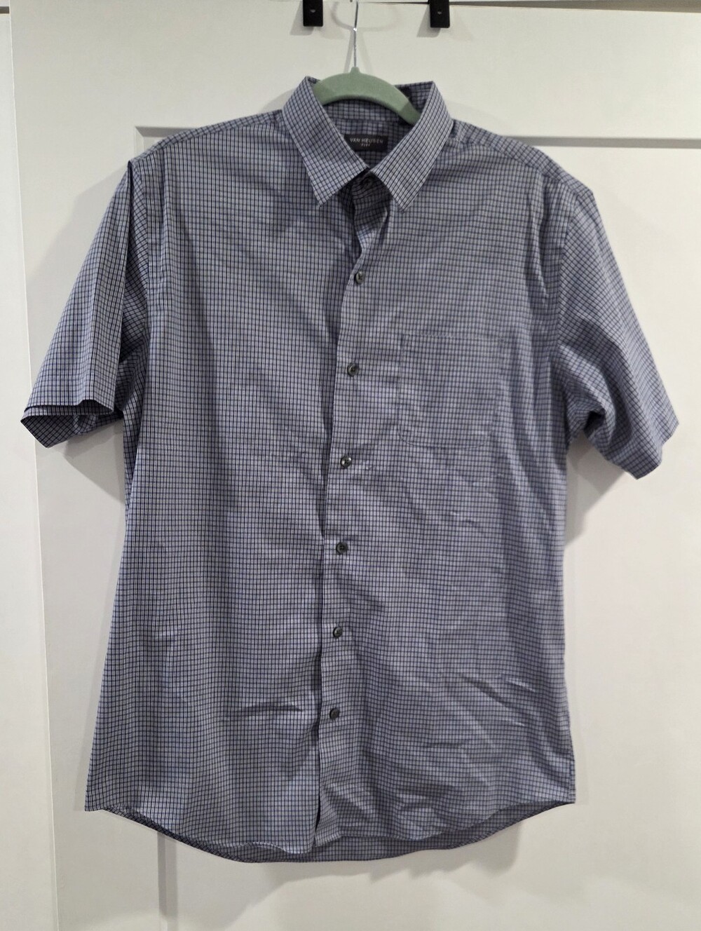 Van Heusen Blue and White Small Check Short-Sleeve Button-Down Shirt
